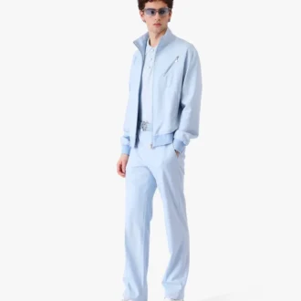 Blaue, maßgeschneiderte Jacquard-Hose mit Monogramm