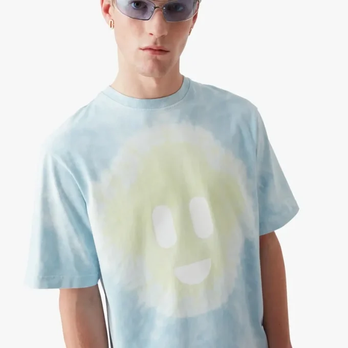 Blaues Oversized-T-Shirt mit kurzen Ärmeln und CC-Smile-Motiv im Tie-Dye-Look