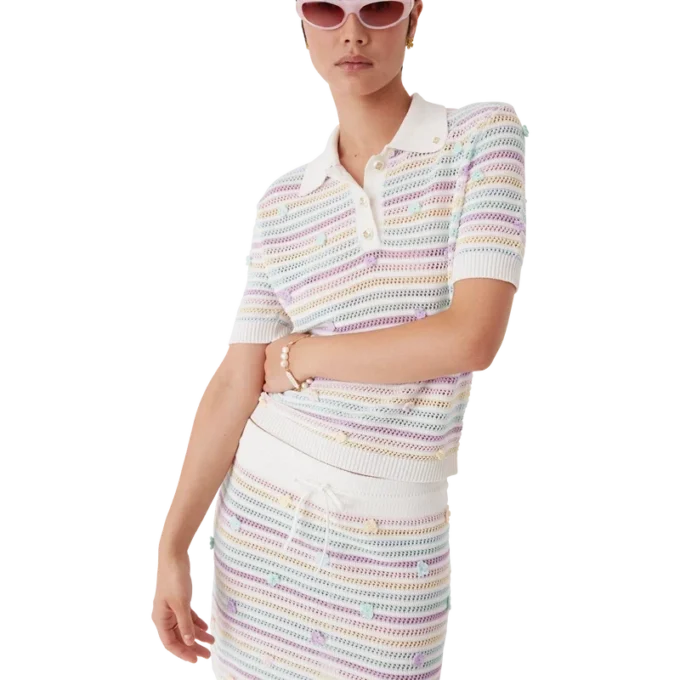 Blumenstreifen-Poloshirt aus Baumwoll-Häkelstoff