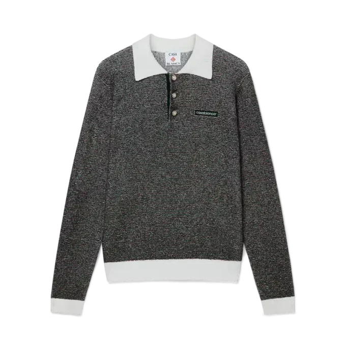 Bouclé-Streifen-Poloshirt mit langen Ärmeln