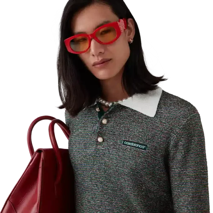 Bouclé-Streifen-Poloshirt mit langen Ärmeln