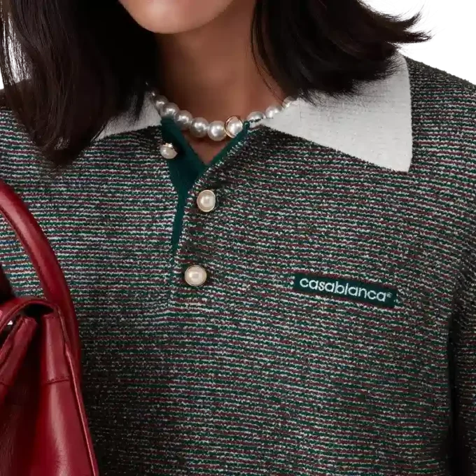 Bouclé-Streifen-Poloshirt mit langen Ärmeln