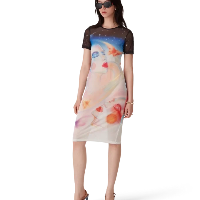 Galactic Connection Mesh-Kleid mit kurzen Ärmeln