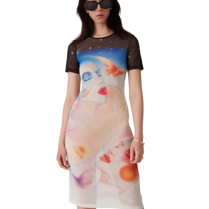 Galactic Connection Mesh-Kleid mit kurzen Ärmeln