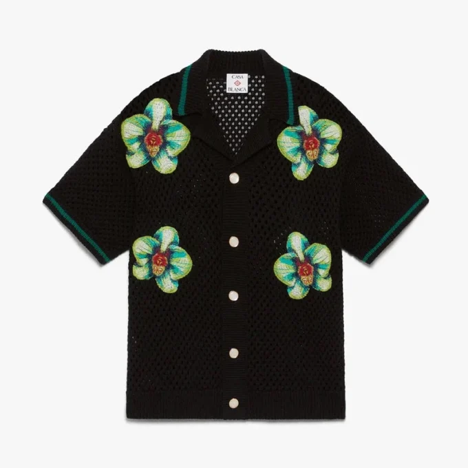 Glitch Orchid besticktes Kurzarm-Häkelhemd Glitch Orchid besticktes Kurzarm-Häkelhemd