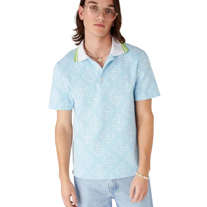 Hellblaues Jacquard-Poloshirt mit kurzen Ärmeln
