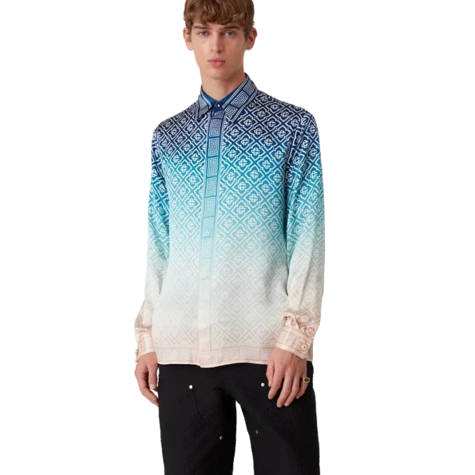 Jacquard-Seidenhemd mit Farbverlauf und langen Ärmeln