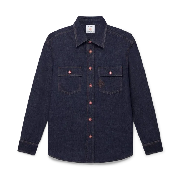 Kurzärmeliges Denim-Shirt mit Logo-Stickerei Kurzärmeliges Denim-Shirt mit Logo-Stickerei