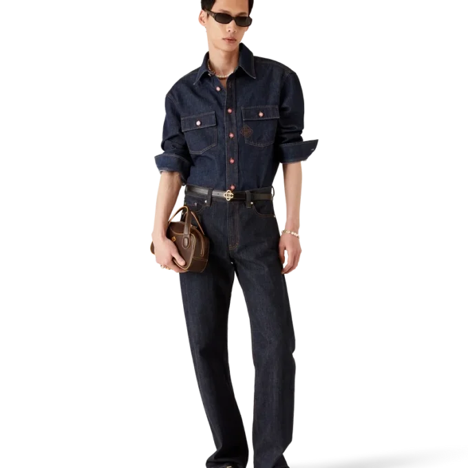 Kurzärmeliges Denim-Shirt mit Logo-Stickerei Kurzärmeliges Denim-Shirt mit Logo-Stickerei