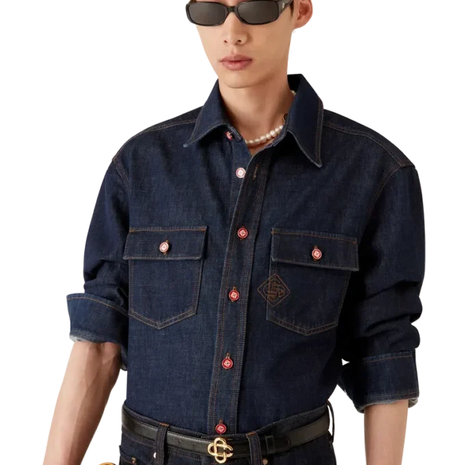Kurzärmeliges Denim-Shirt mit Logo-Stickerei Kurzärmeliges Denim-Shirt mit Logo-Stickerei