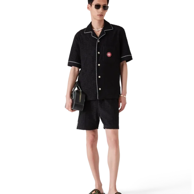 Monogram-Jacquard-Frottee-Hemd mit kurzen Ärmeln Monogram-Jacquard-Frottee-Hemd mit kurzen Ärmeln