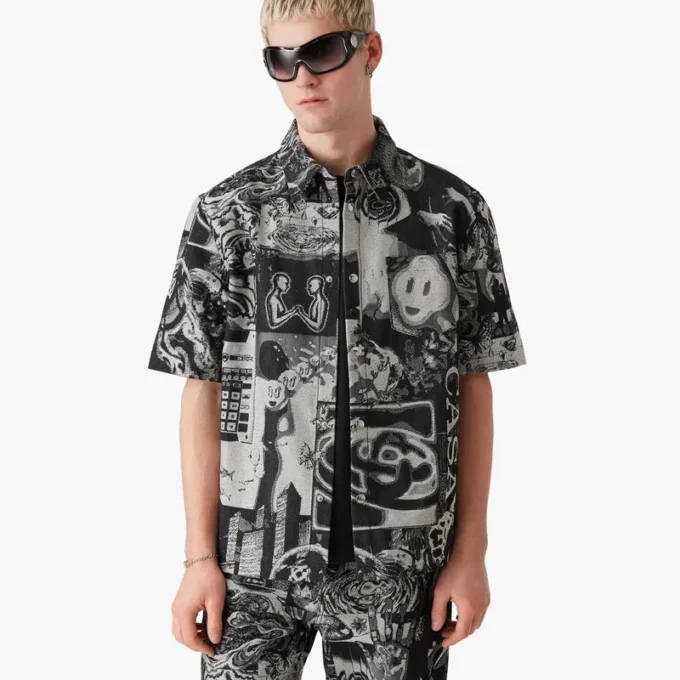 Rave Collage Kurzarm-Shorts-Jeanshemd