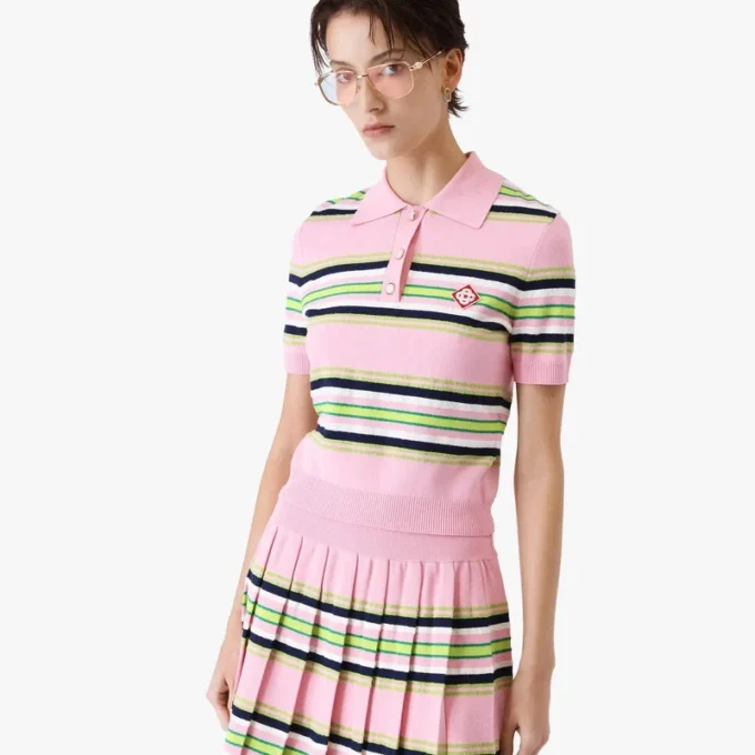 Rosa-grün gestreiftes, tailliertes Poloshirt Rosa-grün gestreiftes, tailliertes Poloshirt