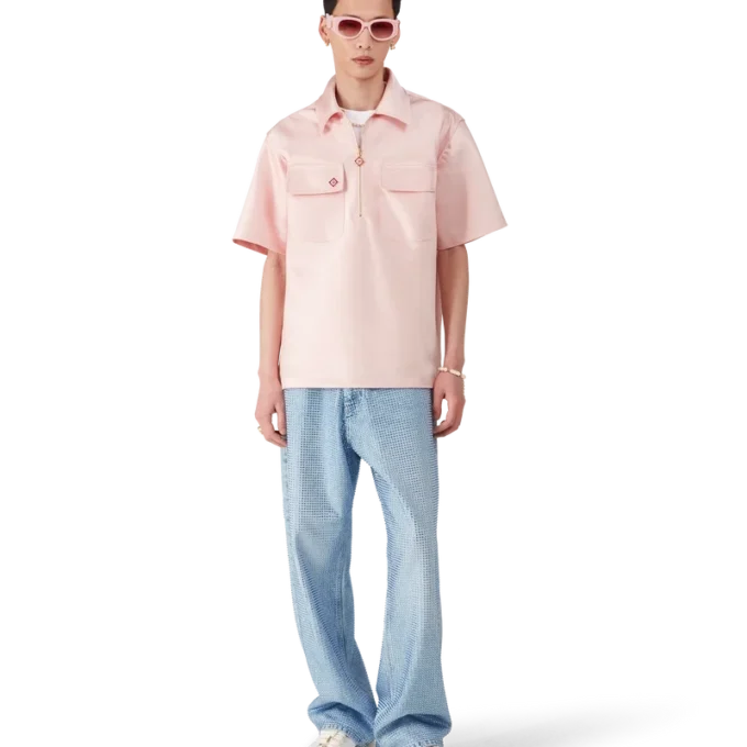 Satin-Shirt mit Viertelreißverschluss und Shorts mit kurzen Ärmeln Satin-Shirt mit Viertelreißverschluss und Shorts mit kurzen Ärmeln