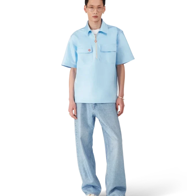 Satin-Shirt mit Viertelreißverschluss und Shorts mit kurzen Ärmeln Satin-Shirt mit Viertelreißverschluss und Shorts mit kurzen Ärmeln