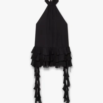 Schwarzes Georgette-Minikleid mit doppelten Rüschen