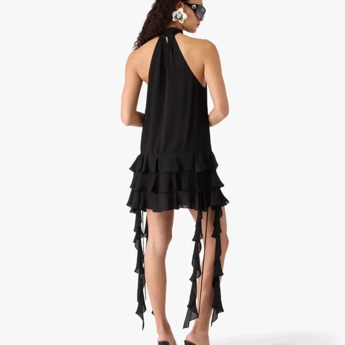 Schwarzes Georgette-Minikleid mit doppelten Rüschen