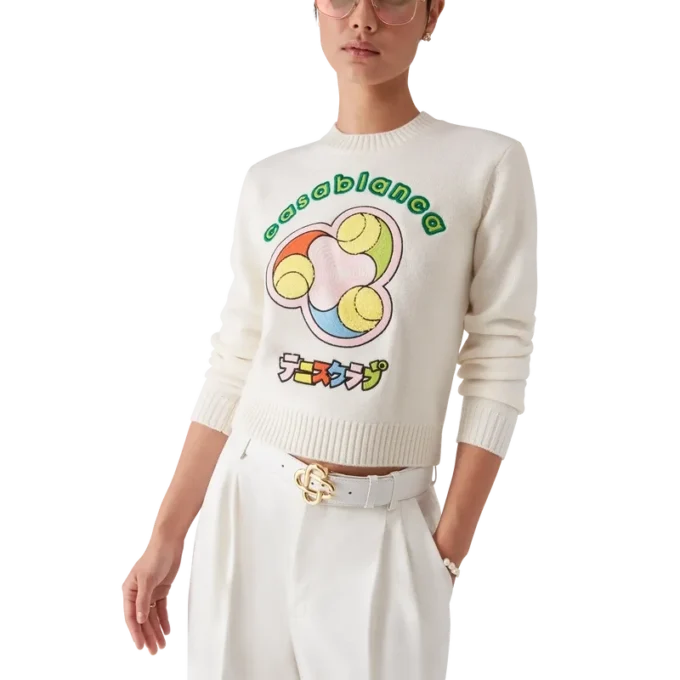 Tennisball-Merino-Strickpullover mit Rundhalsausschnitt Tennisball-Merino-Strickpullover mit Rundhalsausschnitt