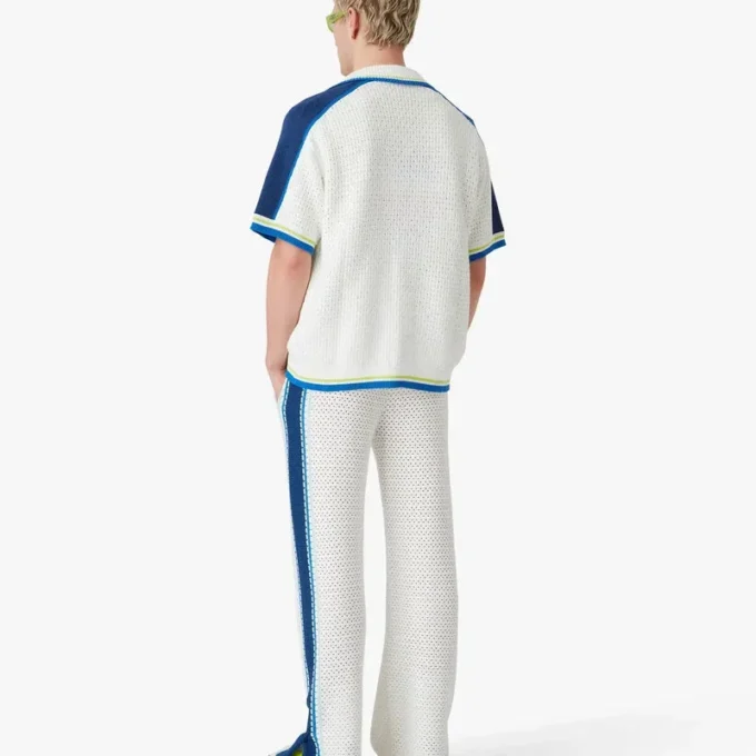 Weiß-blaues Kurzarm-Shorts-Häkelhemd